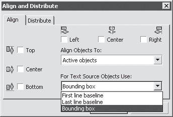 Список For Text Source Objects Use (Использовать для текстовых блоков) на вкладке Align (Выровнять) окна Align and Distribute (Выровнять и распределить)